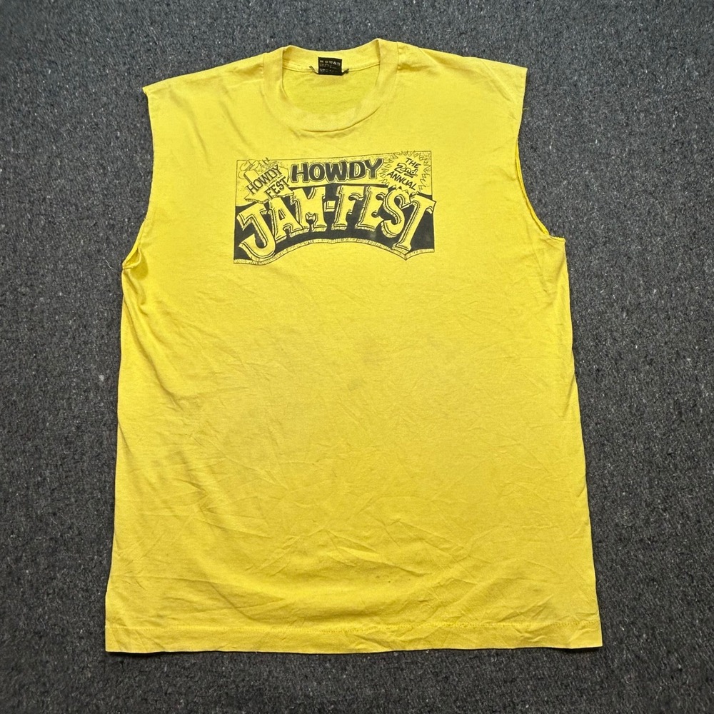 Best Howdy Jam Fest Graphic TShirt Sz XL Mens Yellow Vintage Skater Sleeveless